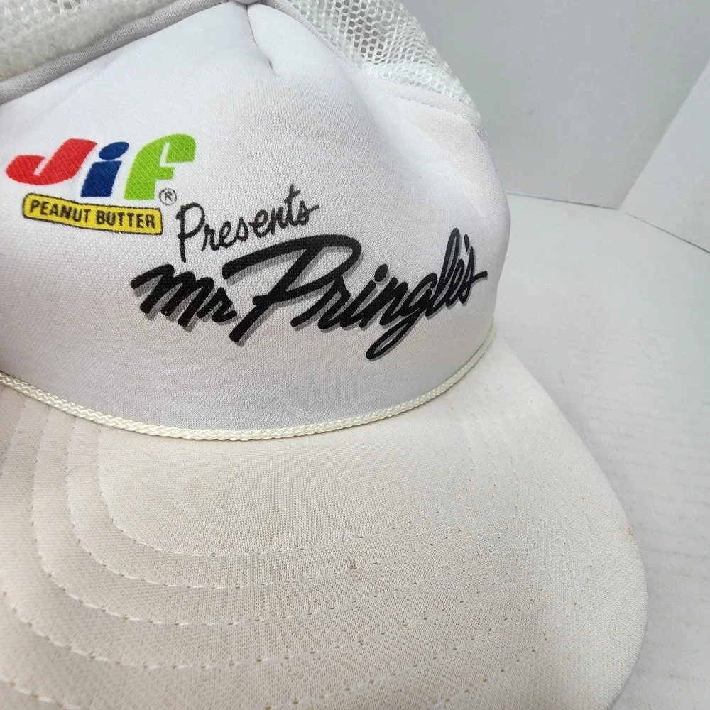 VTG Jif Peanut Butter Presents Mr Pringle's Cap Trucker Snapback Hat White Mesh